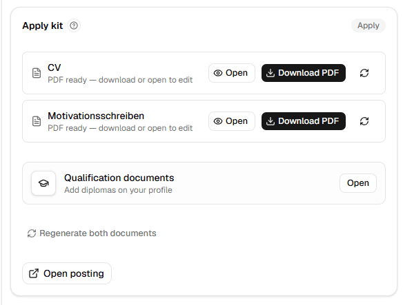 Apply kit with CV and cover letter ready to download